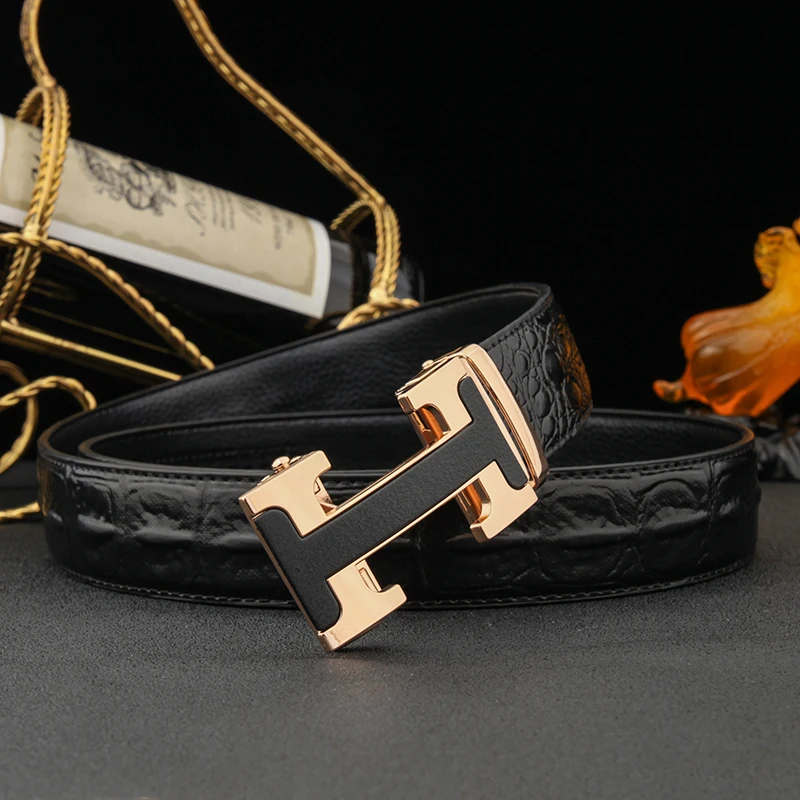 

Famous Brand Men Belts H Letter Automatic Buckle Crocodile Pattern Genuine Leather Belts for Men Dress Brand Famous Strap