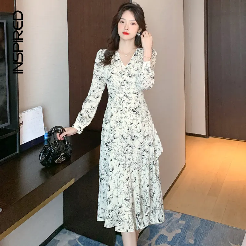 

Floral Dress Women Fashion 2023 Spring Autumn French V-neck Long Sleeve Dresses For Women's Waist Slimming Casual Long Dress