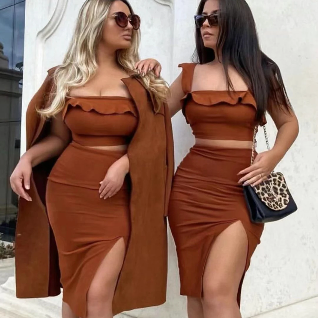 

2Pcs/Set Women Summer Style Sexy Sleeveless Ruffles Hign Slit Brown Mini Bodycon Bandage Set Elegant Evening Club Girl Set Skirt