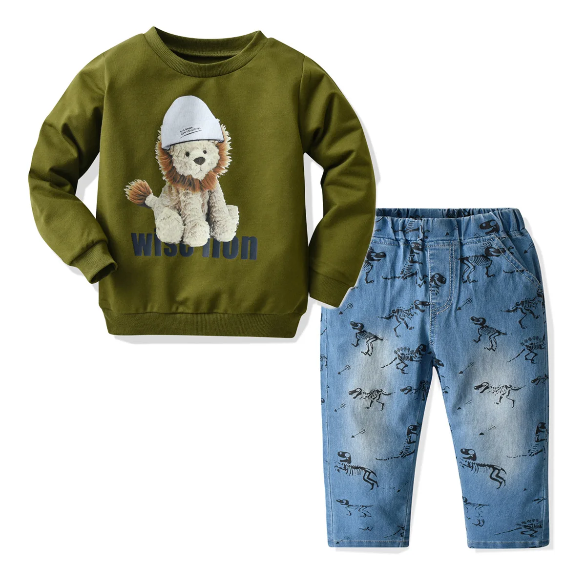 

Toddler Boy Clothes Spring Cartoon Lion Sweatshirt Pocket Dinosaur Jeans Casual Two-piece Suit Autumn Kid Children's Sports Suit