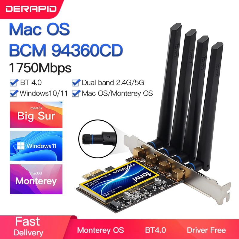 Адаптер Wi-Fi Fenvi T919 PCIe BCM94360 1750 Мбит/с для MacOS Hackintosh Bluetooth 4 0 802.11ac 2 4G/5 ГГц