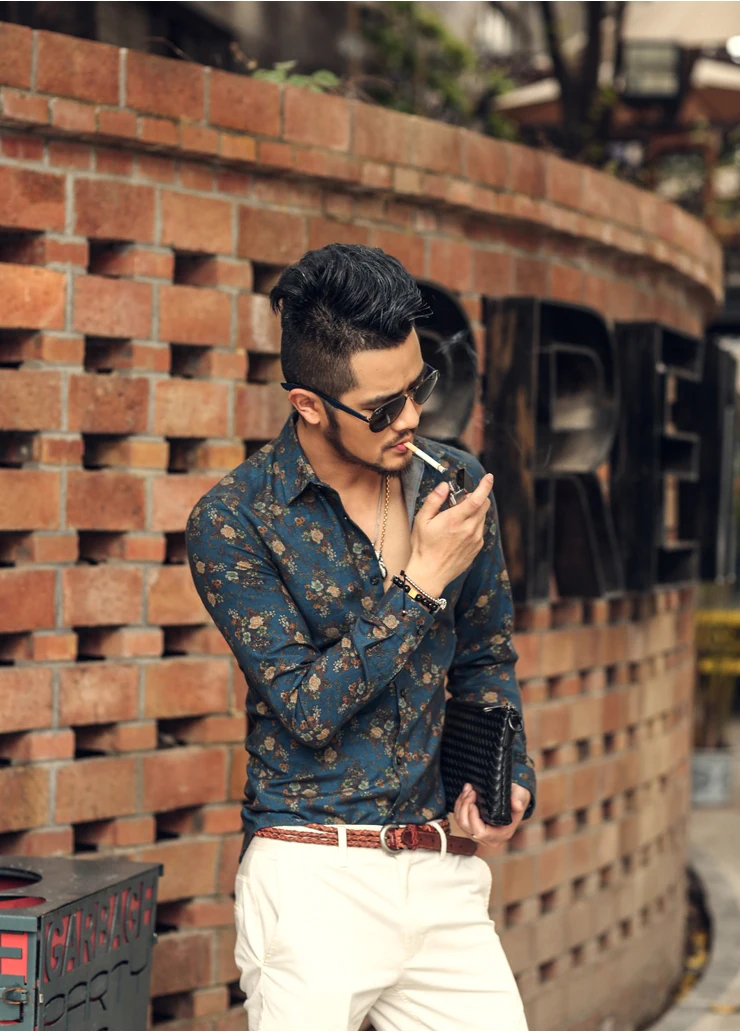 Mattswag 2022 Mens Navy Blue Vintage Flower Printed Shirts New Fashion Long Sleeve Shirts Casual Slim Fit Shirts Camisa Hombre