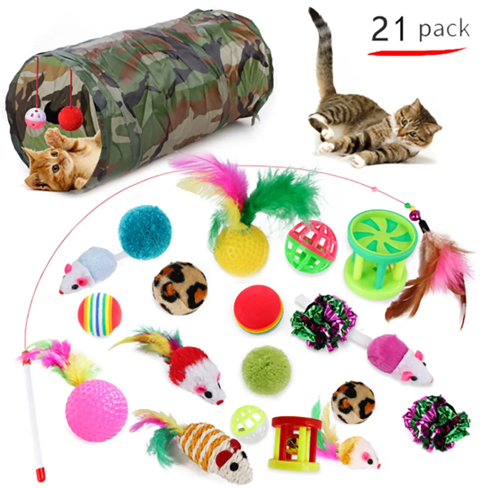 

21Pcs Cat Toy Kit Collapsible Tunnel Pet Toys Fun Channel Feather Balls Mice Shape Pet Kitten Dog Cat Interactive Play Supplies