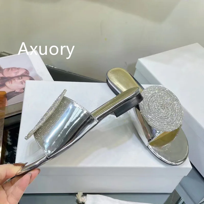 2023 New Women Sandals Genuine Leather Thick Heel Sexy Water Diamond Hollow Strap Square Toe High Heels