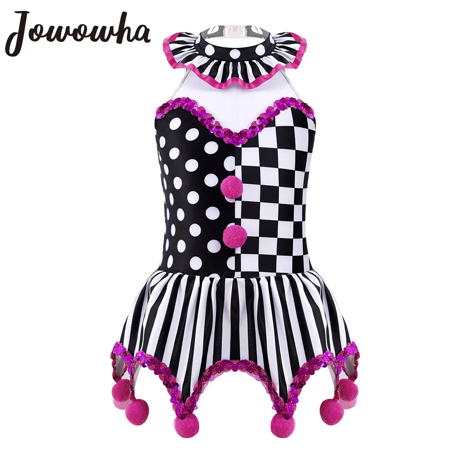 

Kid Girls Circus Clown Cosplay Costumes Dress Halter Neck Plaid Polka Dots Stripes Halloween Carnival Party Dress Up Clothes
