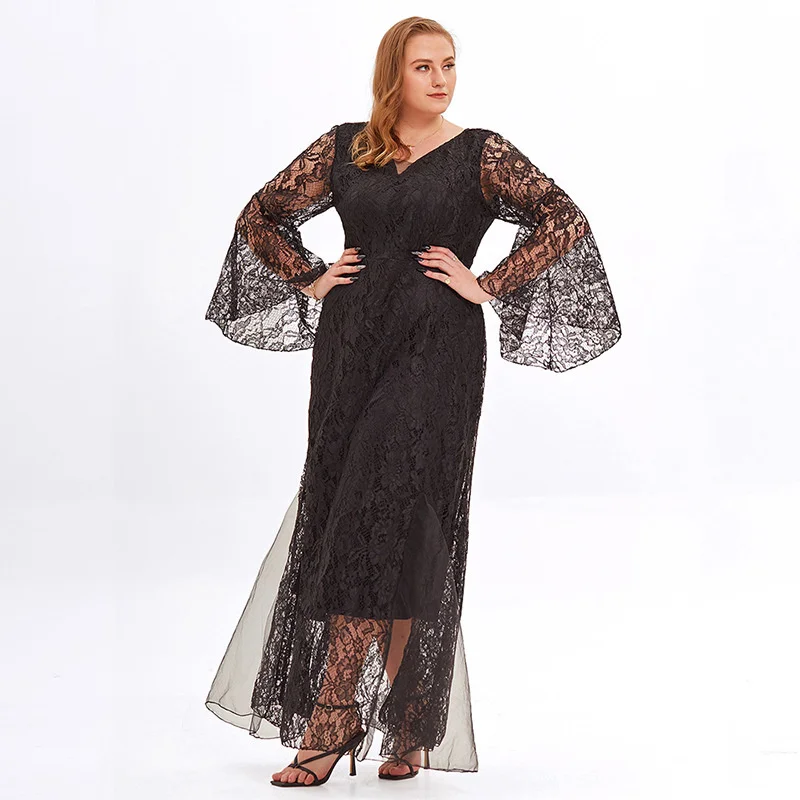 Plus Size Large Women's Dress New Elegant V-neck Silk Color Women's Mesh Dress Flare Long Sleeves Fat MM Elegant Lace Dresses