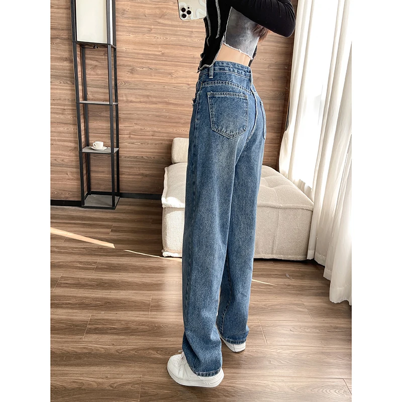 Retro High Waist Loose Straight Wide Leg Harem Pant Contrast Color Double Pocket Jeans Female Blue Baggy Denim Trouser