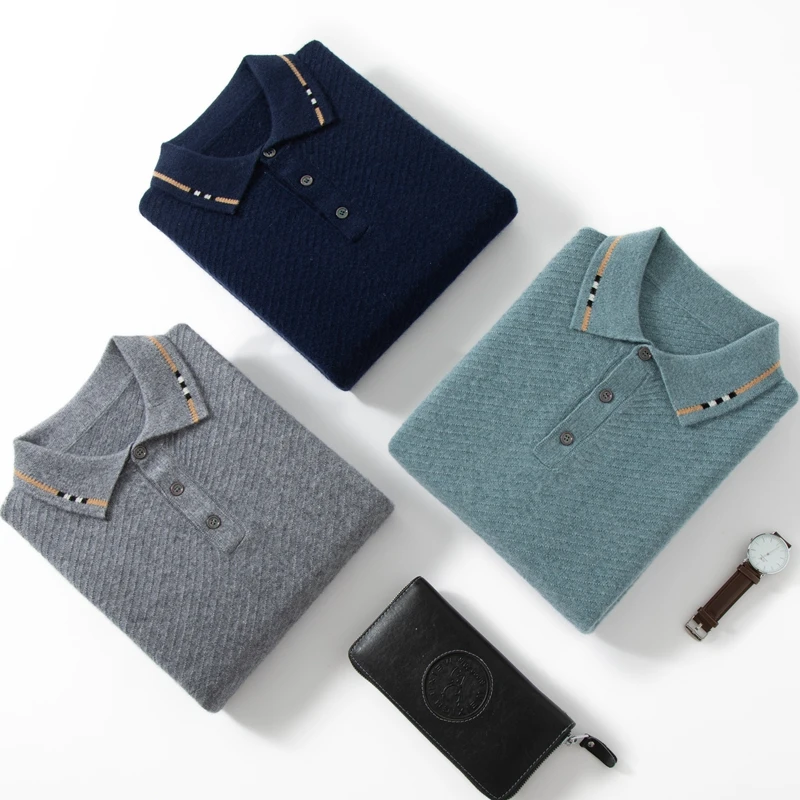 Fresh green Polo collar cashmere sweater men's autumn and winter long-sleeved shirt collar bottoming shirt business casual lapel