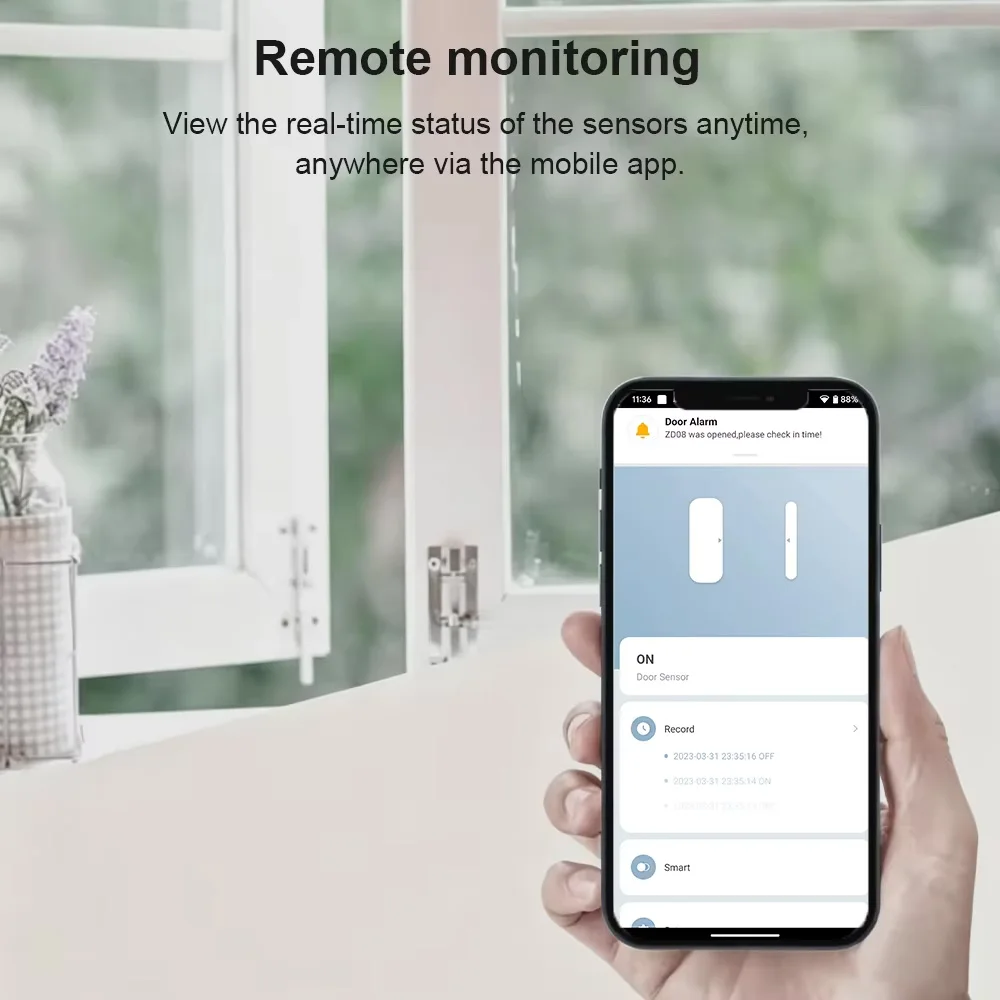 Фото Датчик открытия дверей и окон Zigbee 3.0, магнитный контактный датчик сигнализации, датчик безопасности для умного дома, совместим с Home Assistant, Zigbee2MQTT, ZHA, Alexa №3