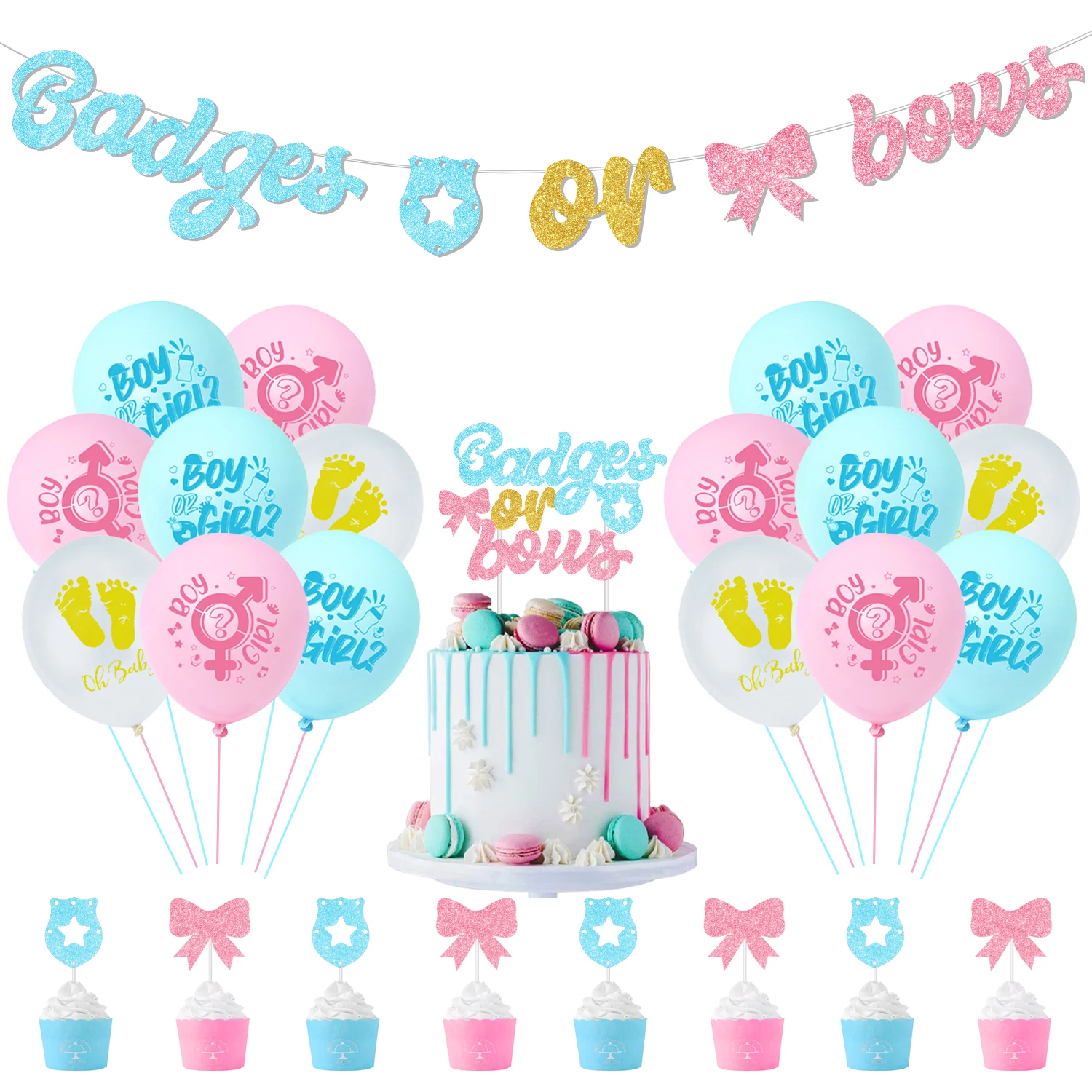

Cheereveal Badges or Bows Gender Reveal Decorations Banner Boy or Girl Cake Topper Pink Blue Balloons for Gender Reveal Party
