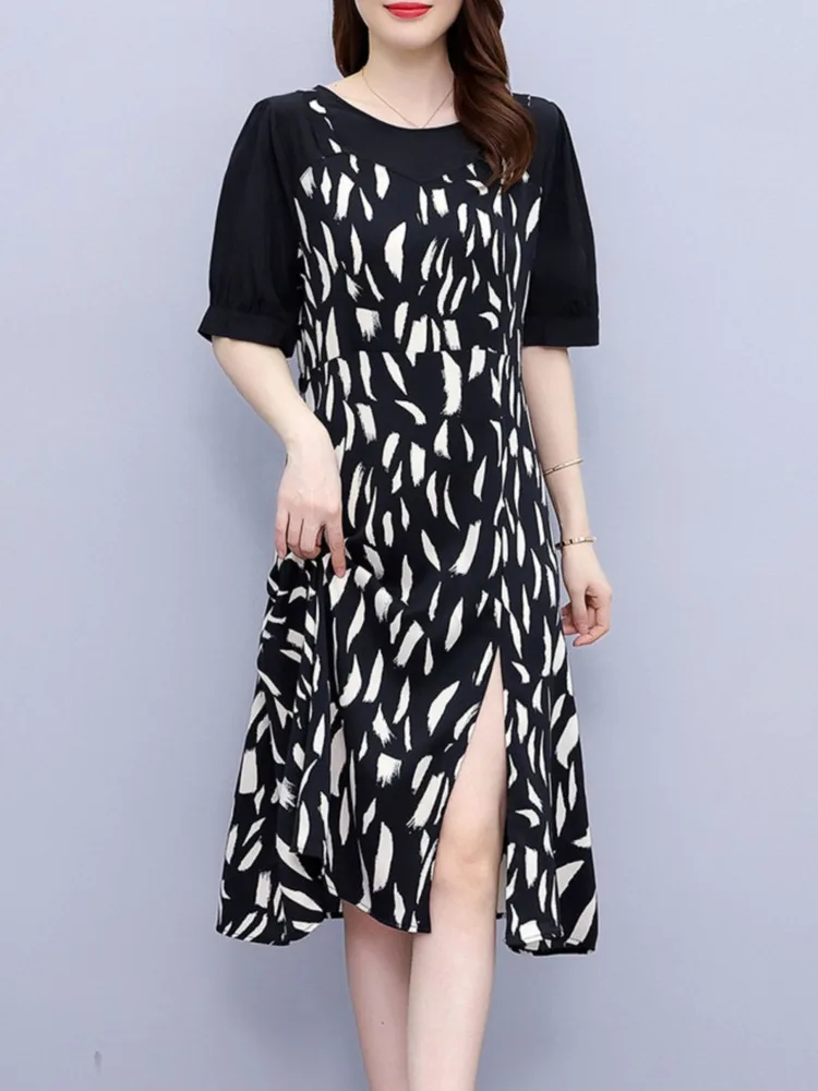 

Шифоновое платье в стиле пэчворк большого размера с Боковым Разрезом, женское летнее модное свободное короткое платье с имитацией двух час...