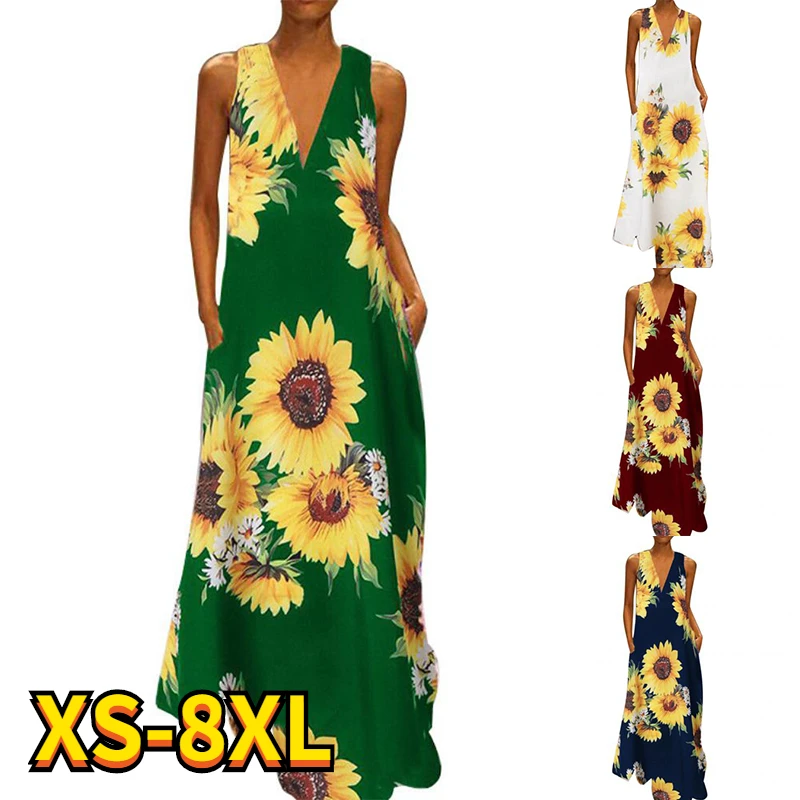 

2021 New Fashion Summer Christmas Women V-neck Sleeveless Pocket Long Dress Santa Xmas Deer Skater Print Party Dresses Plus Size