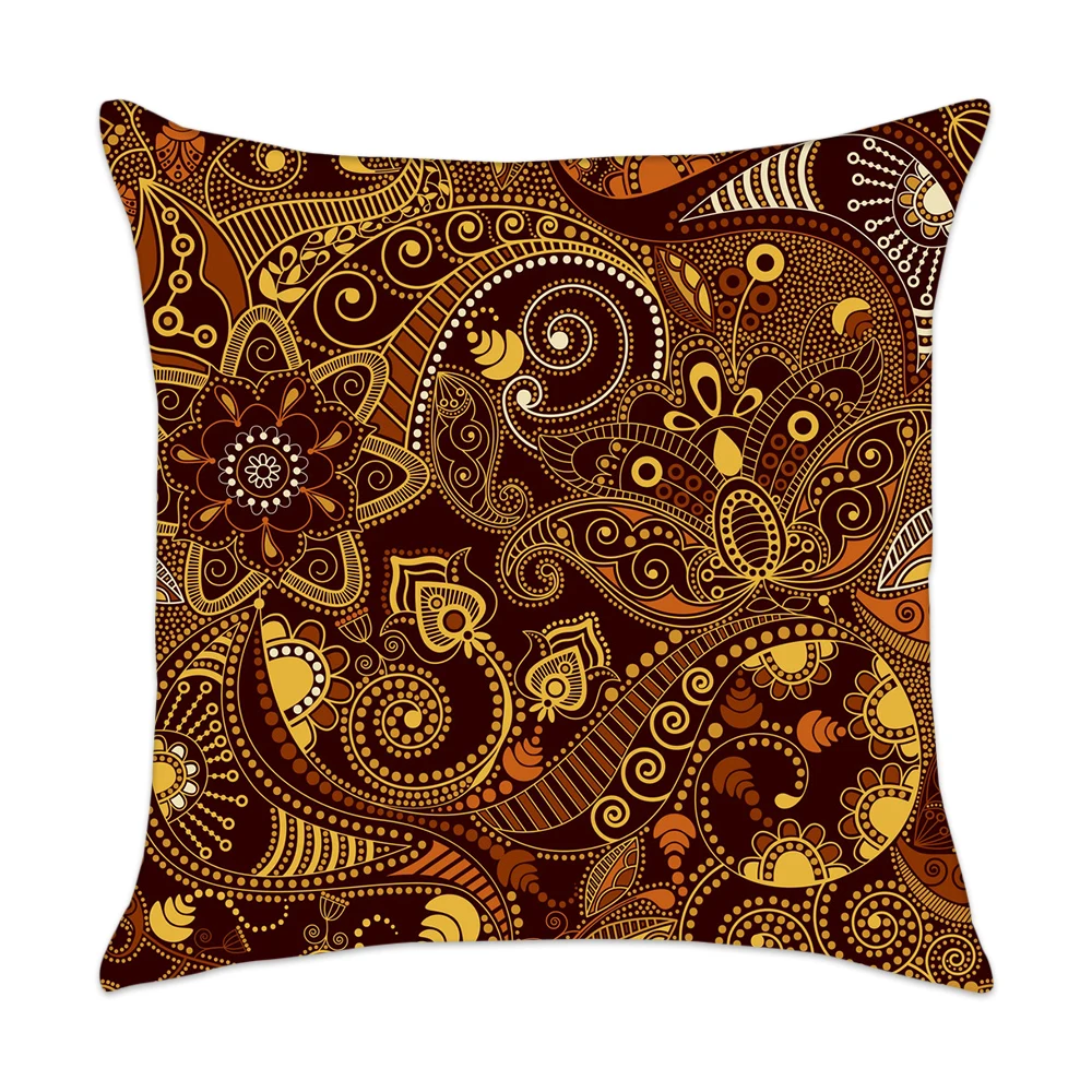 Brown and Gold Paisley Cushion Cover Bohemian Ethnic Flower Pillow Case Home Decor Living Room Sofa Throw Pillow Cover 45x45cm