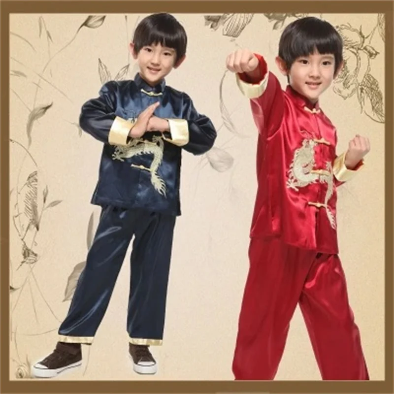 النمط الصيني تانغ الدعاوى طويلة الأكمام التطريز التنين الكونغ فو الصبي 2 قطعة مجموعات أعلى السراويل الأطفال تأثيري الملابس الشعبية