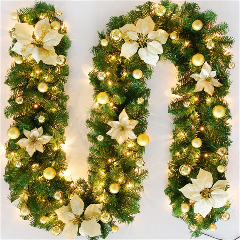 

2.7M Christmas LED Rattan Garland Decor Wreath Artificial Flower Pine Tree Ornament Xmas Party Home Fireplace Door Stairs Decor