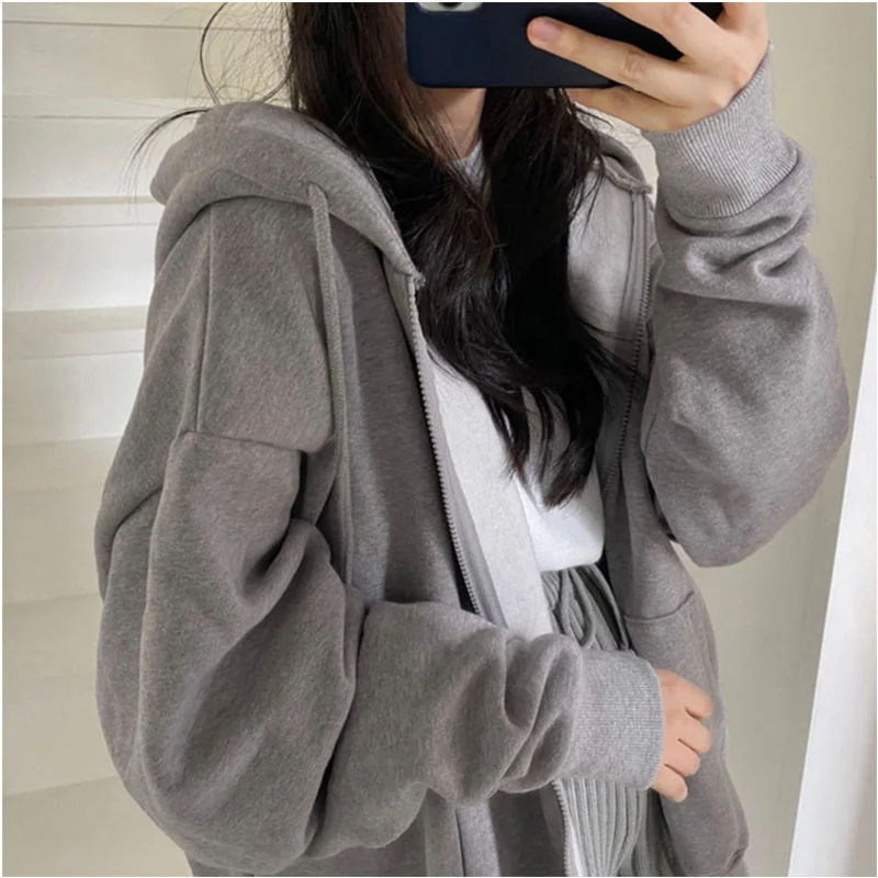 

Zipper Women Loose Hoodies Sweatshirts Harajuku Korean Solid Collor Version Hooded Vintage Sleeve Harajuku Fashion 2022 Coats