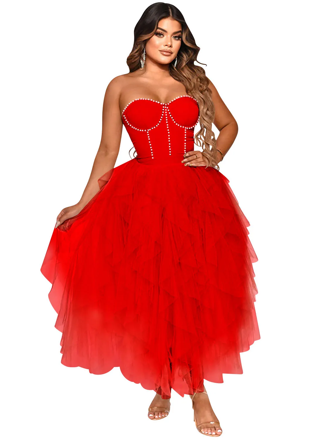 

Szkzk sexy strapless hot drill dress splicing mesh cascading ruffles high waist fluffy black White night club party Long dress