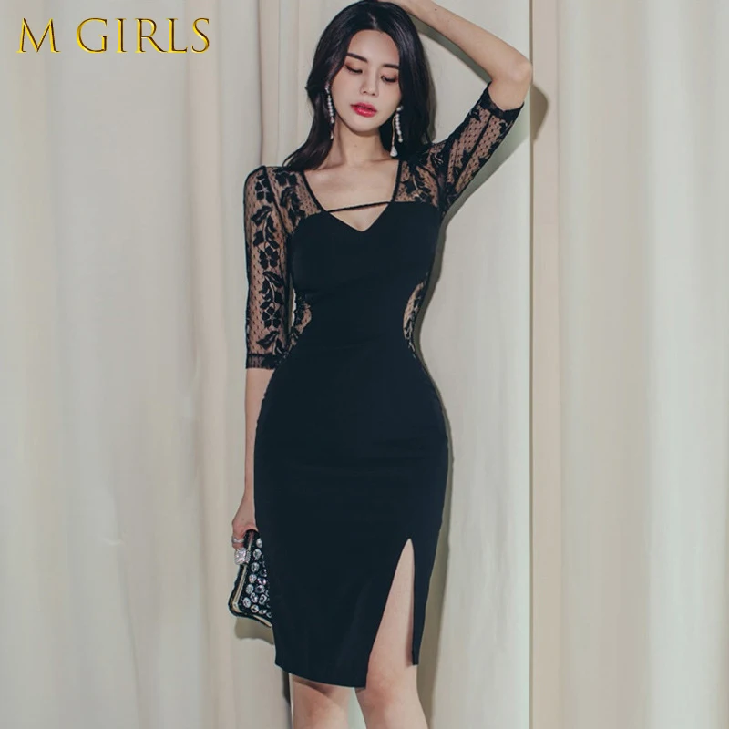 

M GIRLS New Elegant Women Evening Midi Dress Lady Casual Black Sexy Lace Sheer V-Neck Bodycon Skinny Slim Club Beach Femme Mujer