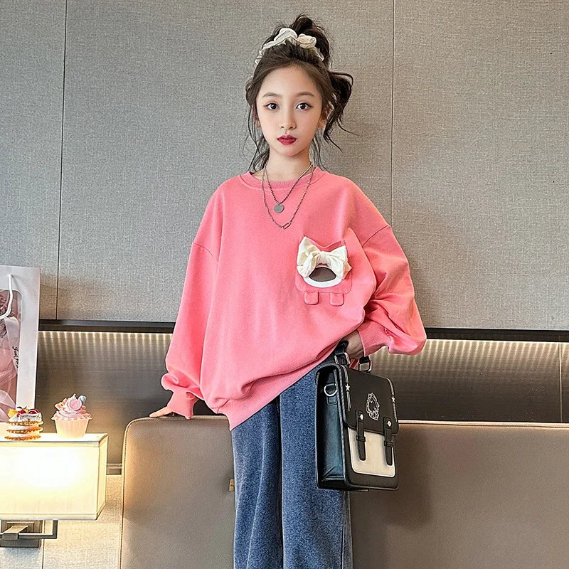 

2023 Spring Children Girls Tops Pink Cartoon Sweatshirt Fashion Casual Teenager Clothing