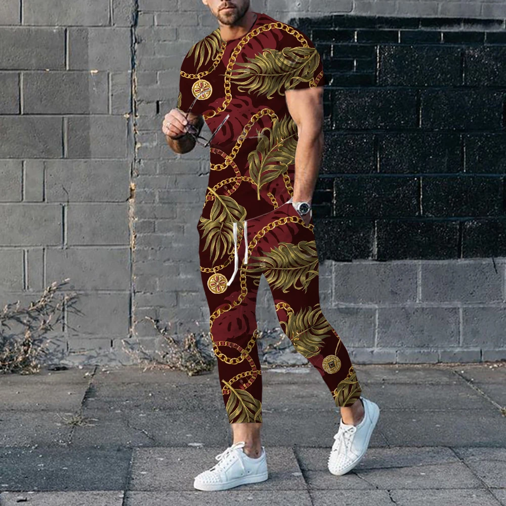 2023 Summer Men's Fashion Printed Short Sleeve Trousers Set Luxury Design Style Chain Printed Suit Plus Size  Casual Tracksuits