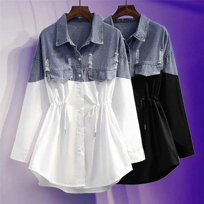

Shirt Jacket Women's Summer 2022 New Fashion Large Size Women's Clothing Waist and Slim All-match Denim Stitching Shirt