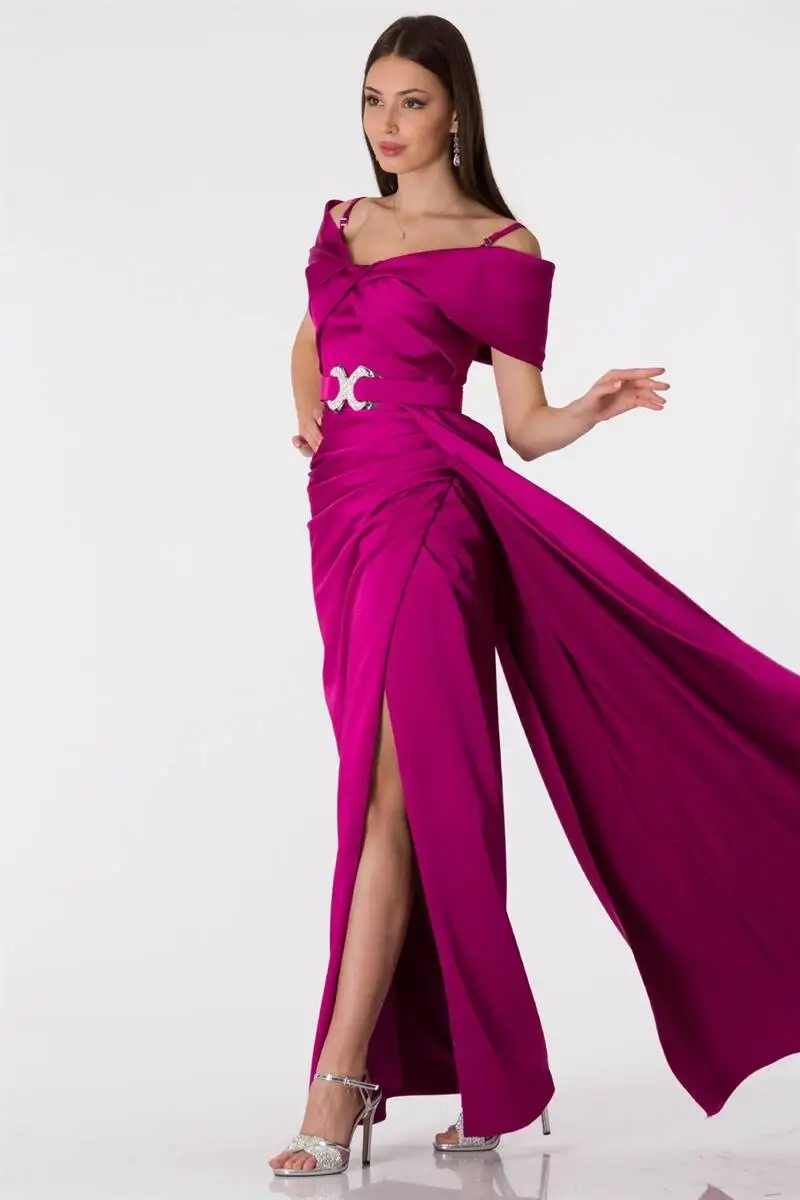 

Women Slash and Belt Detail Evening Dress Fuchsia