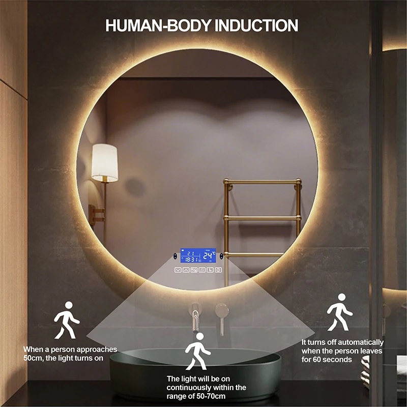 

Luxury Round Bathroom Makeup Mirror LED Light Human Body Induction Anti-fog Backlight Touch Dimming Smart Vanity Wall Mirror