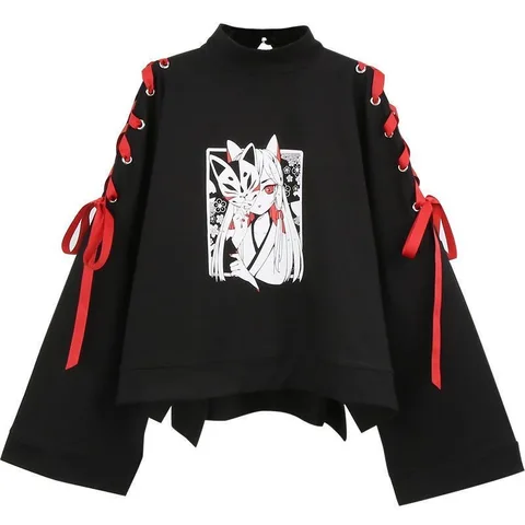 Летняя женская одежда с принтом аниме лисы перекрестной ленты, женская футболка в стиле "Лолита" для девочек, весенний черный топ в стиле Харадзюку, юбка, толстовки