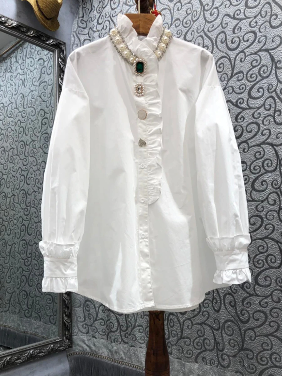 

Рубашка с воротником-стойкой и оборками, на пуговицах