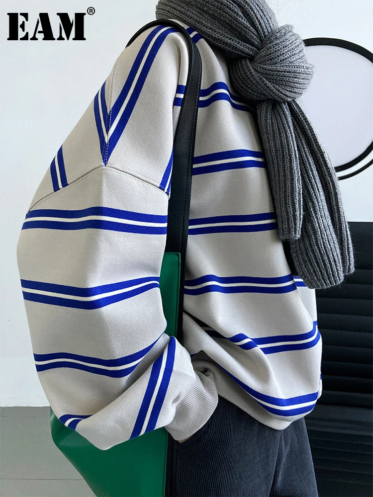 

[EAM] свободный серый толстый полосатый свитер Новинка Круглый вырез длинный рукав женский большой размер мода весна осень 2023 1DF2667