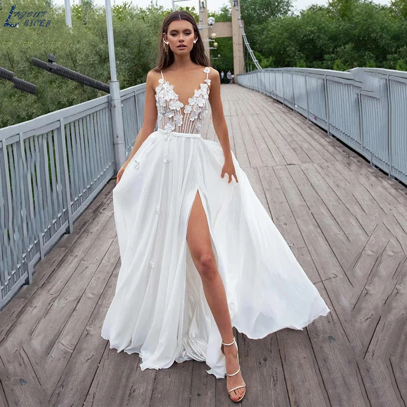 

13720#Ivory Chic V-Neck High Split Wedding Dress Open Back A-Line 3D Lace Sleeveless Spaghetti Straps Wedding Gown Bridal Gown