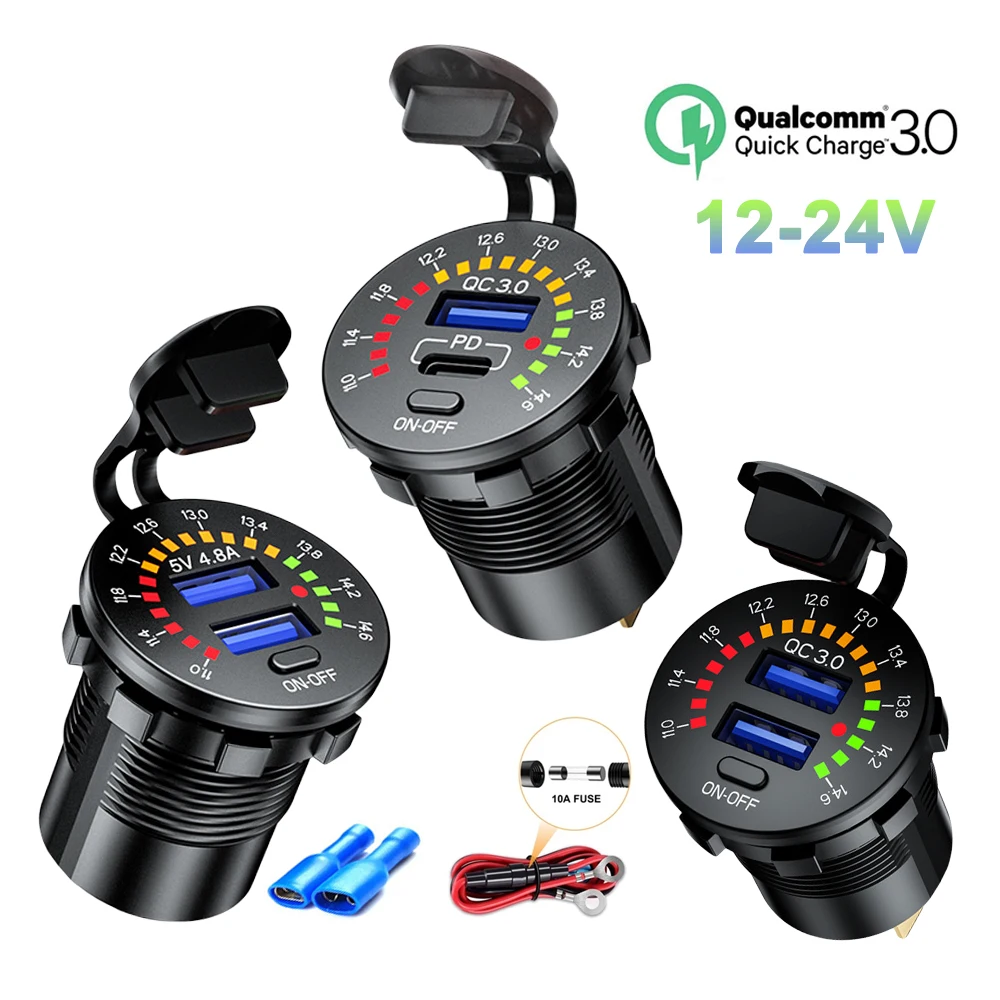 

36W USB QC3.0& PD Type C Car Charger Socket with Digital Voltmeter Switch Outlet Fast Charger for 12V 24V Car Boat Truck Golf RV