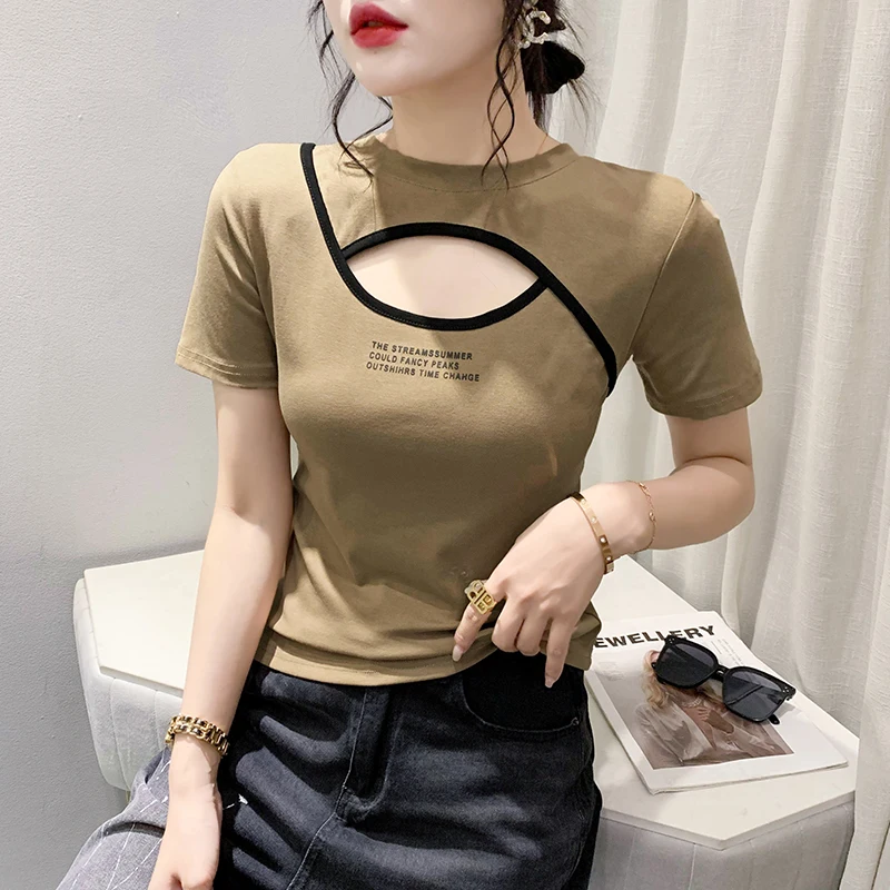 

2023 New Summer European Cotton T-Shirt Women's Chic Sexy O-Neck Hollow Out Patchwork Print Letter Tops Short Sleeve Tees 35225