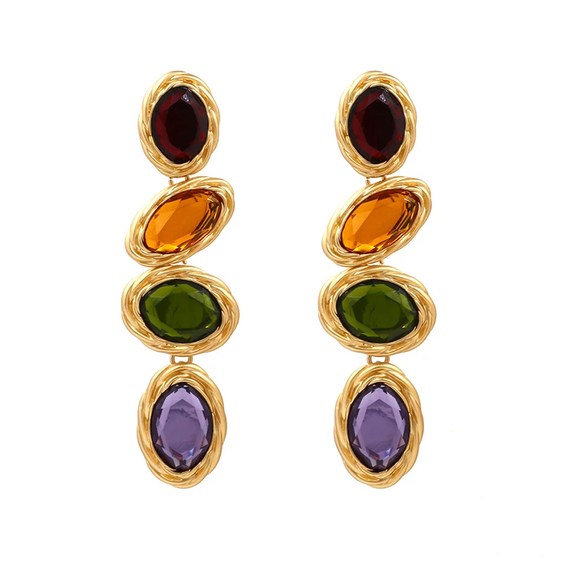 

2023 New Colorful Crystal Oval Long Statement Earrings Women Vintage Indian Boho Ethnic Large Drop Earrings Jewelry Woman