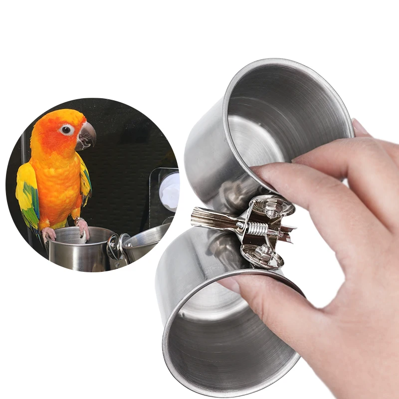 

5 Pcs Stainless Steel Pet Birds Parrot Feeder Double Cups with Clip Food Dispenser Double Pets Parrot Bowls Container Supplies