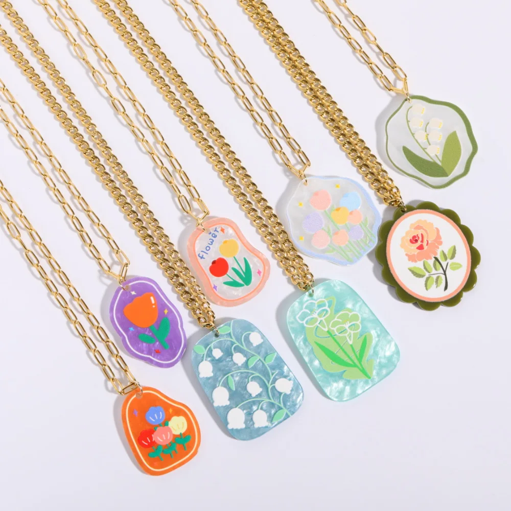 

Fashion Acrylic Flower Pendant Necklace for Women Girl Stainless Steel Gold Plated Chain Tulip Chocker Party Wedding Jewelry