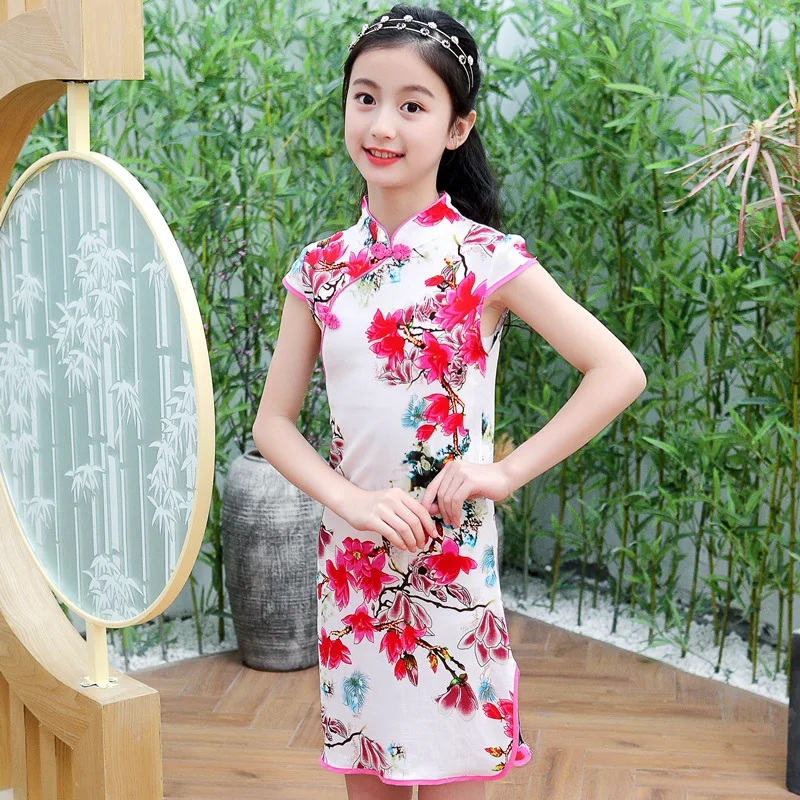 Детское китайское платье-Ципао Qipao сине-белое фарфоровое платье с цветочным