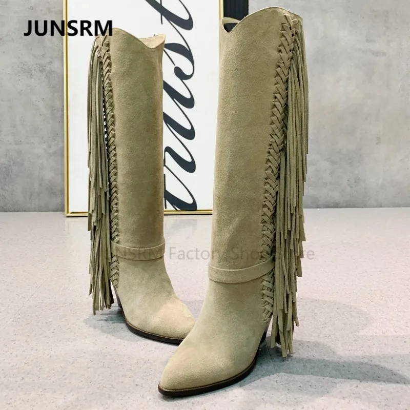

2022 Weave Fringe Chunky Heels Chelsea Boots Pointy Natural Cashmere Western Cowgirl Boots Women's Wedges Heeled Knight Bootias