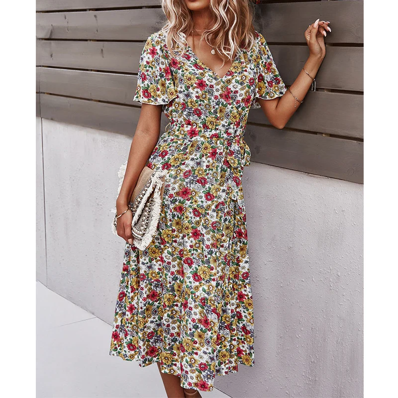 

Women Clothing Summer Casual Floral Print Holiday Boho Beach Style Dress Female Sundress