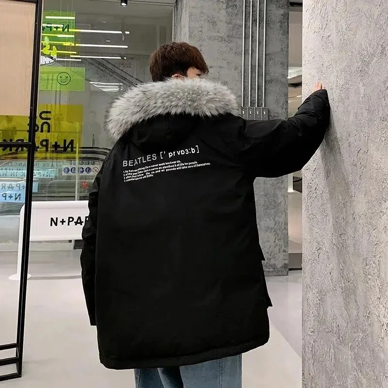 Kpop Thickened Cotton Coat Women's Winter Trend Medium Long Wool Collar Cotton Shirt Fashion Warm Harajuku Hooded Parker