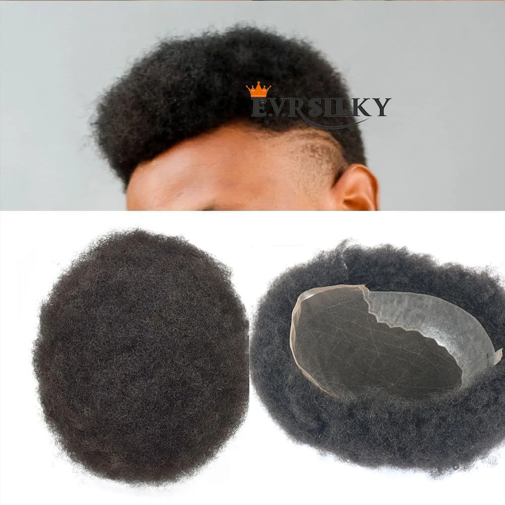 

Jet Black 4mm Natural Afro Kinky Curly Durable Breathable Q6 Base Lace Front With PU Back 100% Human Hair Men's Toupee In Stock