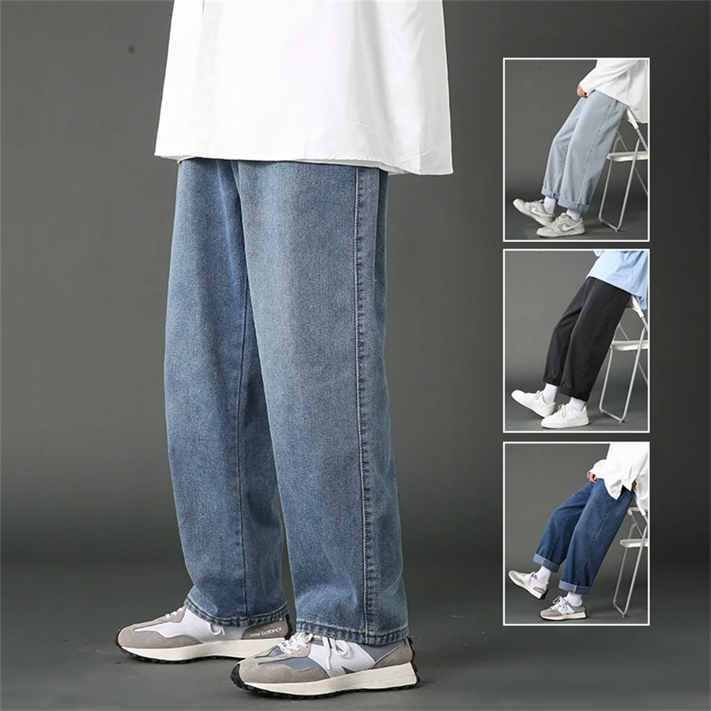 New Autumn Men Denim Wide-leg Pants Korean Style Straight Light Blue Baggy Jeans Elastic Waist Student Trousers Male Black Gray