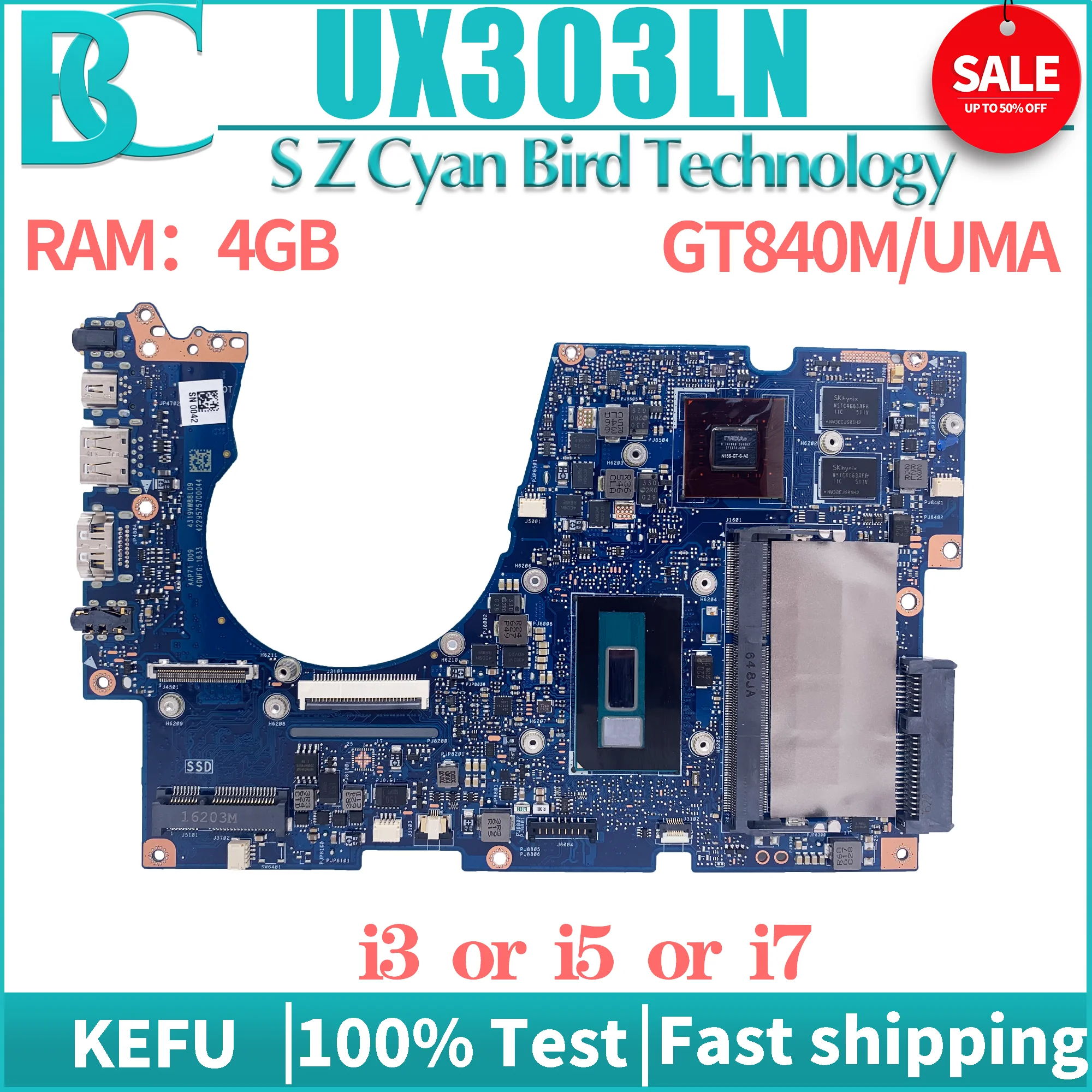 

KEFU Motherboard UX303LB For ASUS UX303LNB UX303LN UX303LA BX303L RX303L Laptop Mainboard 4G/RAM I3 I5 I7 4th-5th UMA/GT840M