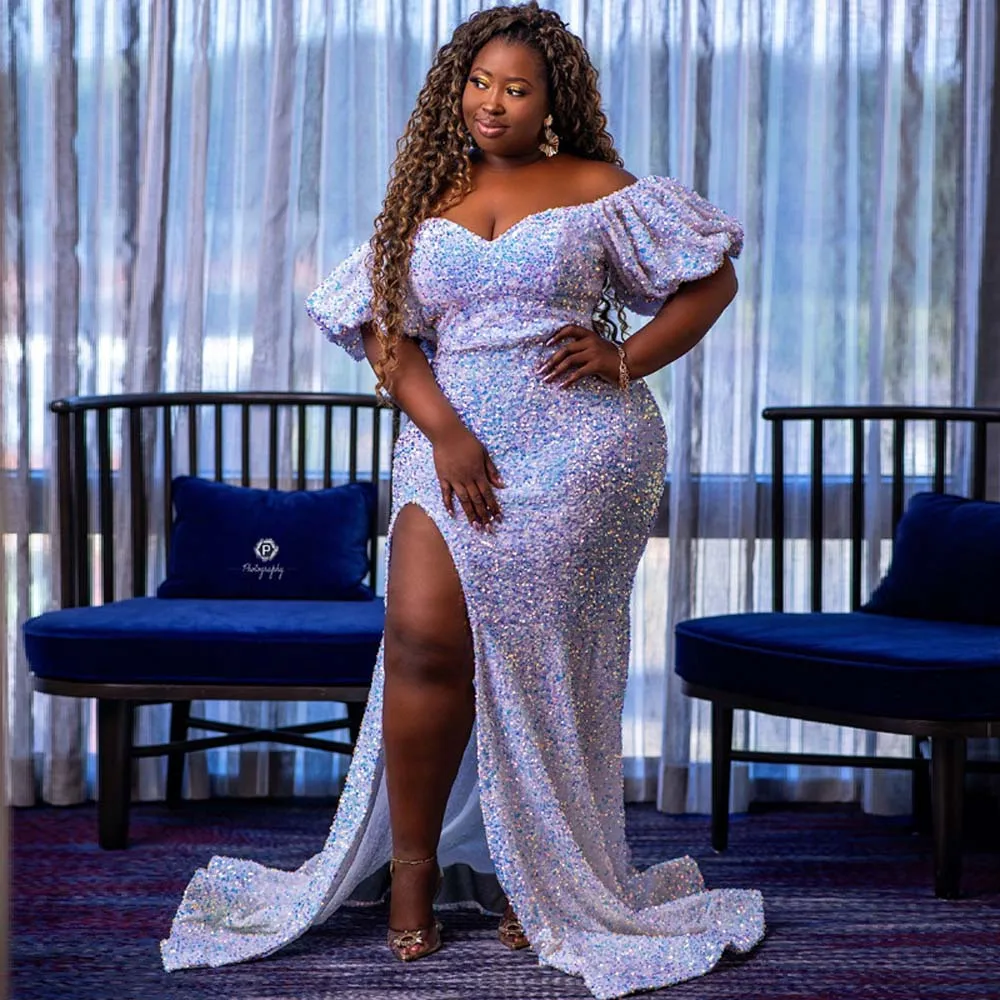 

Elegant Dress Lantern Sleeve Tight Beaded Sequin Slit Maxi Dress One-Shoulder Gown Mermaid Party Event Celebrity Dress Summer