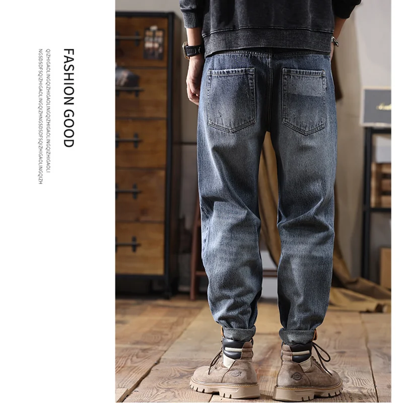 Men Clothing New Pattern Recreational Vintage Broad Leg Black Grey Jeans Straight Cylinder Large Loose Haren Pants  Autumn Women