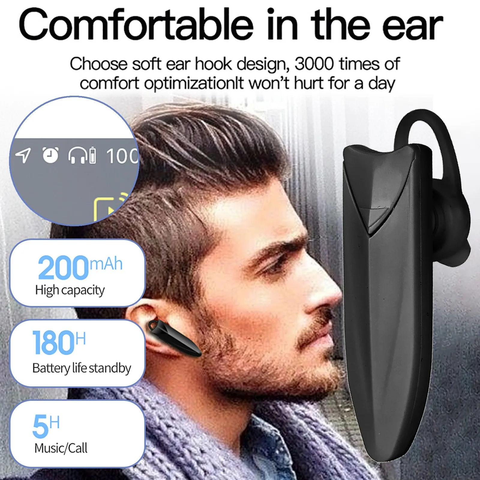 

HMB-17 Wireless Headsets Bluetooth 5.0 Business Single Earphone Automatic Pairing One Click To Answer Call With Mic NEW