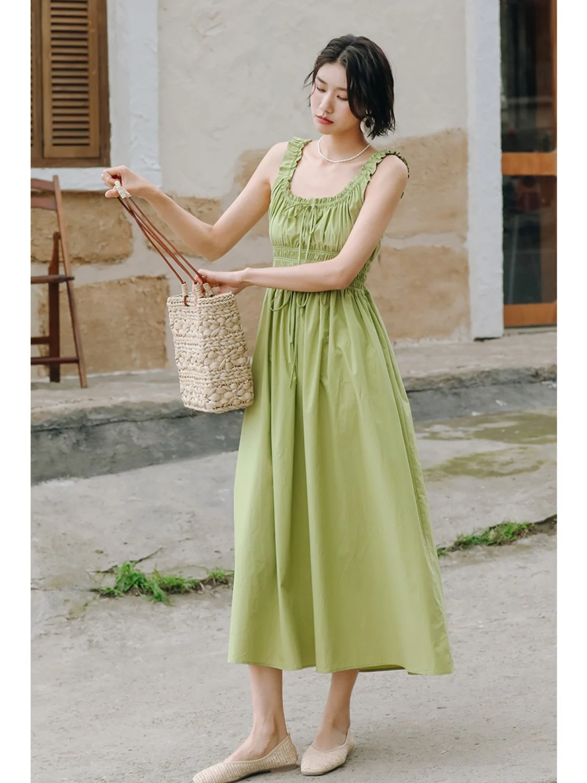 Green Pure Cotton Dress High Grade Tea Break French Waist Strap Long Dress Women's Summer Vacation Bra Dress
