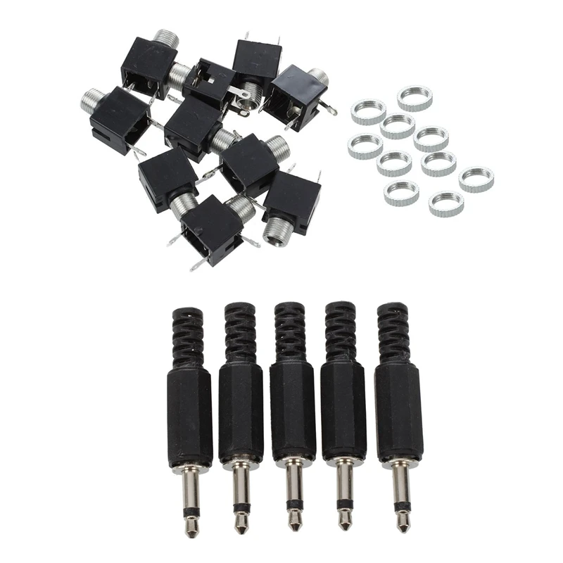 

10 Pcs Panel PCB Female 3.5Mm Headphone Jack Audio Connectors & 5Pcs Black Plastic 3.5Mm Male Mono Plug Jack