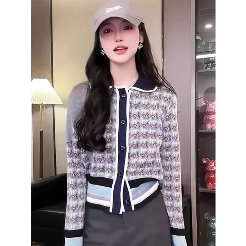 Корейский модный жаккардовый вязаный женский кардиган в горошек с длинными