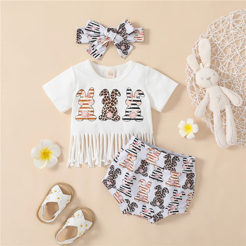 

Summer Independence Day Outfits Baby Clothing Girls Bunny Print Short Sleeve T-shirt with Tassels and Shorts Headband Set